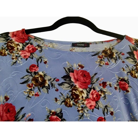Cocomo Top Women's L Boat Neck Long Ruffle Sleeve Top Red Roses Sky Blue Boho - Picture 3 of 10